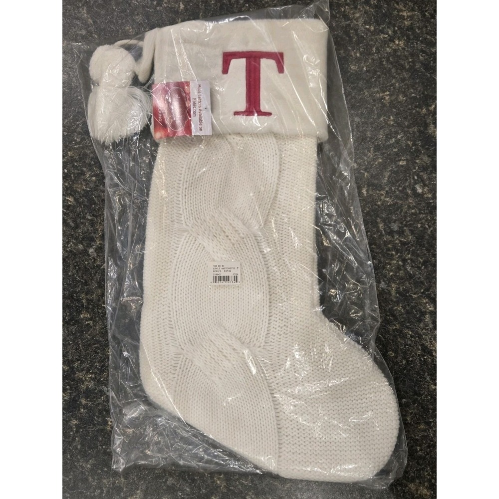 St. Nicholas Square Ivory Cable Knit Christmas Stocking Red "T" *NEW*